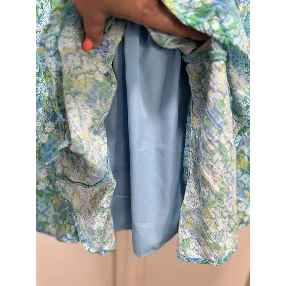 American Eagle Teal/Yellow Floral Sundress Size L Smocked Body Ruffle Straps - Picture 3 of 8